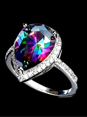 Mystic Rainbow Teardrop Cut Sterling Silver Ring with AAA Zircon stones NWT